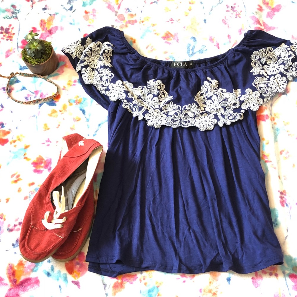 Delightful Navy off shoulder ECLA top